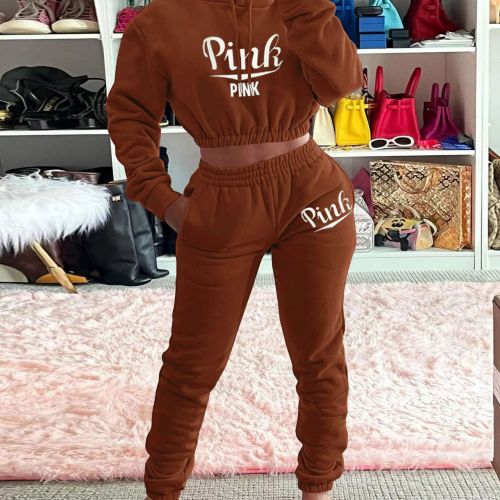 Dark brown Women's autumn and winter models of solid color letter printing navel exposed women's casual suit