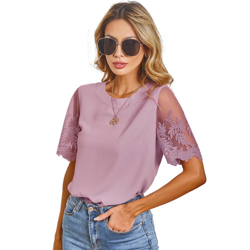 Fashion Lace Short Sleeve T-Shirt Round Neck Casual Ladies Top