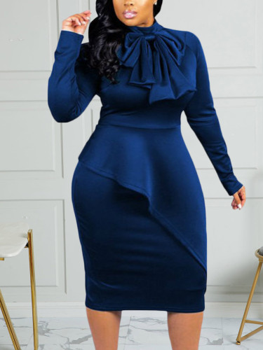 Slim-fit solid color bowknot high-waist stitching long-sleeved plus size dress