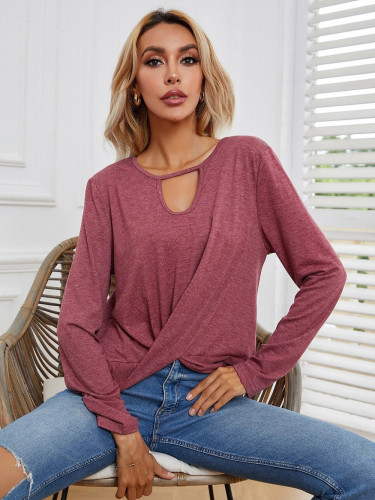 Spring and summer round neck pullover long sleeve solid color loose knit T-shirt