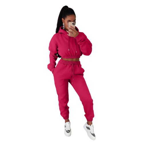 Rose red Casual two-piece suit with fleece hooded sweater