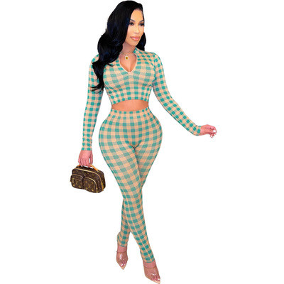 Women's Plaid Printing Leisure Sports Two-piece Suit