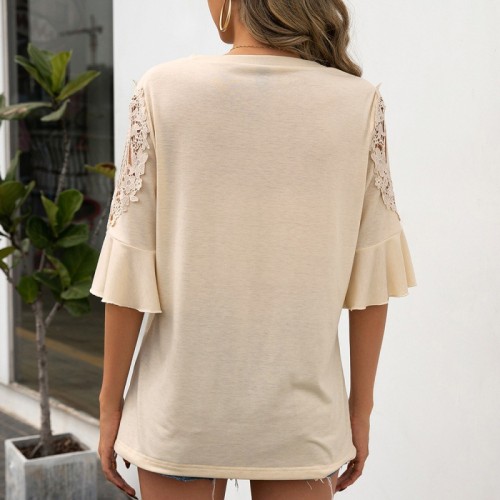 Round neck lace stitching five-point sleeve shirt hollow sleeve pullover T-shirt