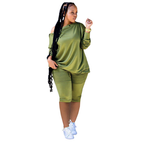 Green Fashion oblique shoulder folds imitation cotton two-piece suit