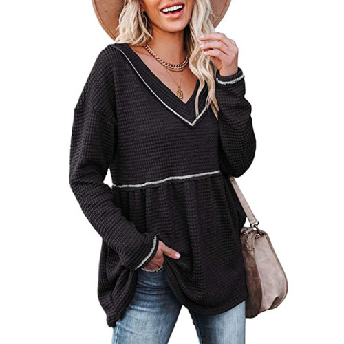 Autumn and winter V-neck long-sleeved waist knit sweater pleated T-shirt skirt