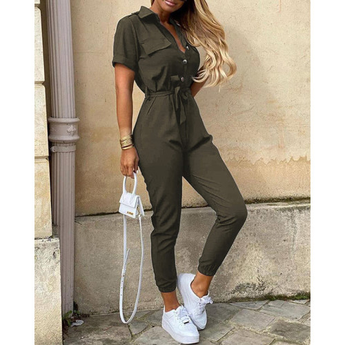 Trousers casual lapel buttoned printed belt overalls