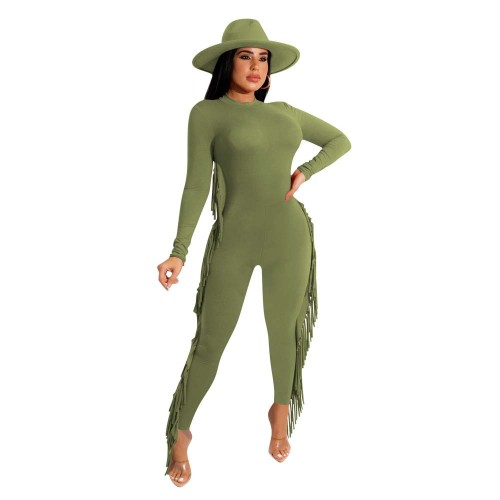 Army green Cute Fringed Jumpsuit in Woolen Fabric on Both Sides