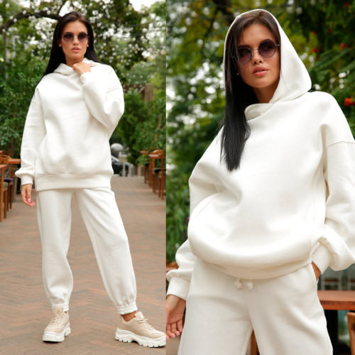 Pure color hooded sweater casual two-piece women's clothing