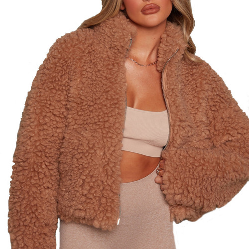 Brown Plush cardigan short jacket lamb wool coat