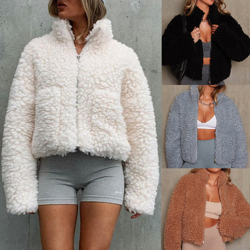 Plush cardigan short jacket lamb wool coat
