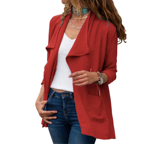 Red Pure color long-sleeved short trench coat casual all-match cardigan jacket