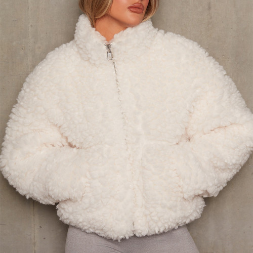 White Plush cardigan short jacket lamb wool coat