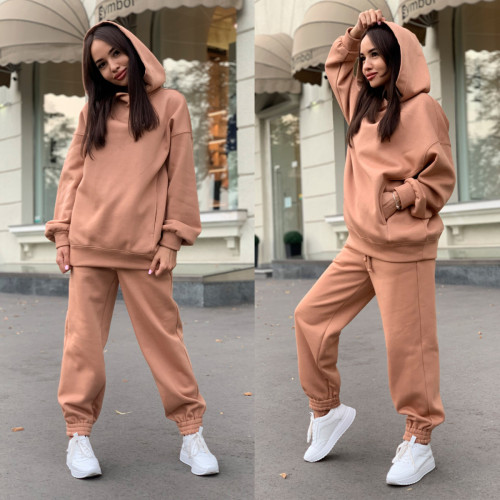 Brown Pure color hooded sweater casual two-piece women's clothing