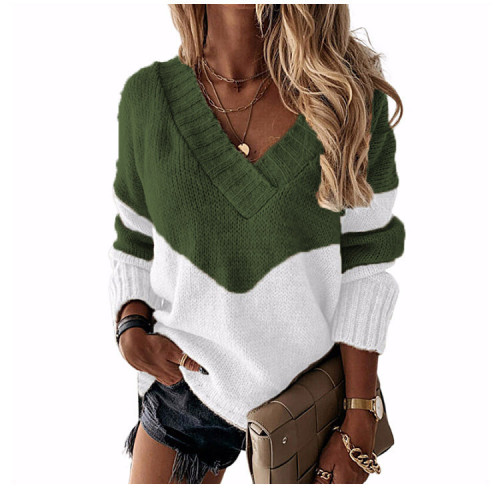 Pullover v-neck loose sweater color-blocking women's knit sweater