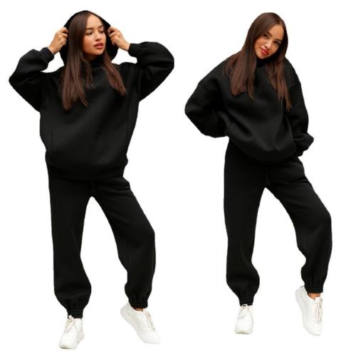 Black Pure color hooded sweater casual two-piece women's clothing