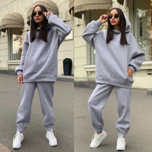 Gray Pure color hooded sweater casual two-piece women's clothing