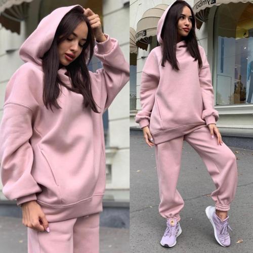 Pink Pure color hooded sweater casual two-piece women's clothing