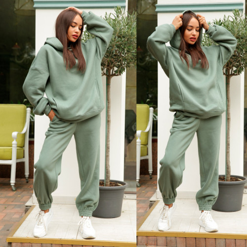 Green Pure color hooded sweater casual two-piece women's clothing