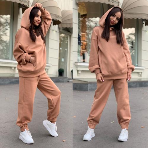 Brown Pure color hooded sweater casual two-piece women's clothing