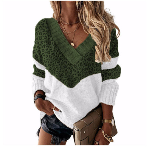Pullover v-neck loose sweater color-blocking women's knit sweater
