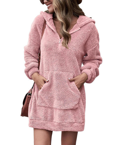 Pink Double-sided fleece hooded loose zipper plush pocket sweater coat