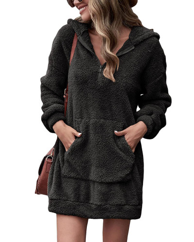 Black Double-sided fleece hooded loose zipper plush pocket sweater coat