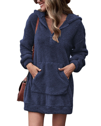 Dark bule Double-sided fleece hooded loose zipper plush pocket sweater coat