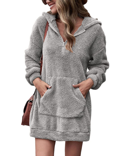 Copy Double-sided fleece hooded loose zipper plush pocket sweater coat