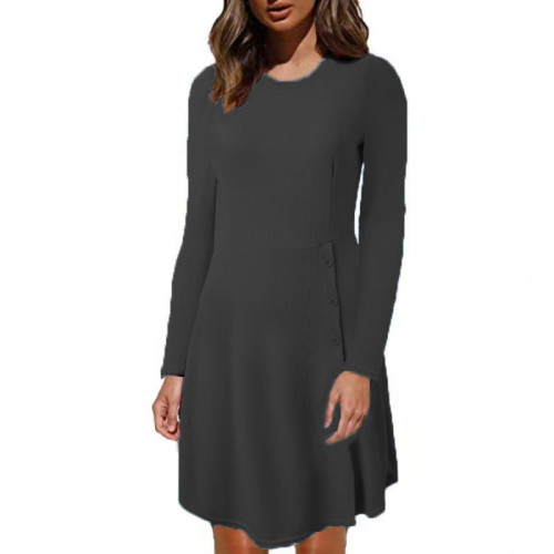 Black Slim-fit solid color long-sleeved pit strip slit bottoming shirt dress