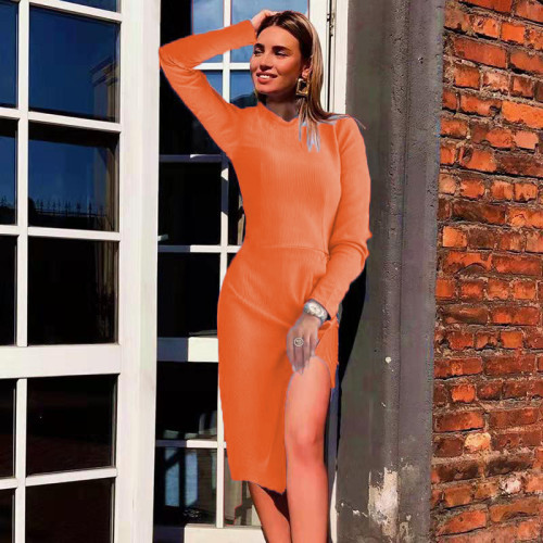 Orange Slim-fit solid color long-sleeved pit strip slit bottoming shirt dress
