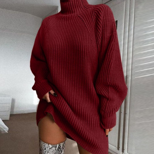 Claret Knitwear Mid-length Raglan Sleeve Half Turtleneck Sweater Dress