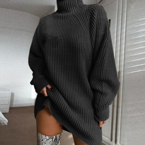 Black Knitwear Mid-length Raglan Sleeve Half Turtleneck Sweater Dress