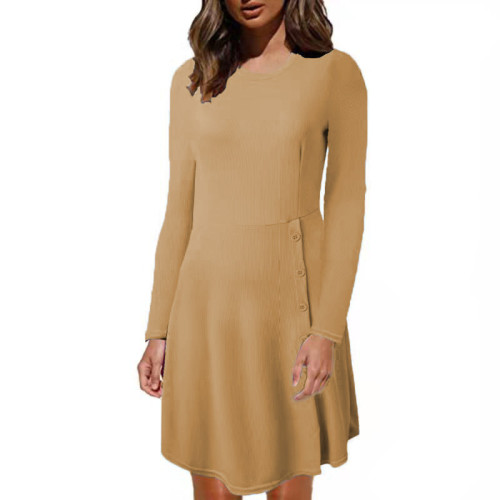 Khaki Slim-fit solid color long-sleeved pit strip slit bottoming shirt dress