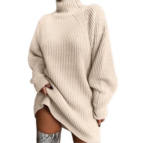 Apricot Knitwear Mid-length Raglan Sleeve Half Turtleneck Sweater Dress