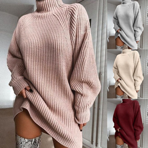 Knitwear Mid-length Raglan Sleeve Half Turtleneck Sweater Dress