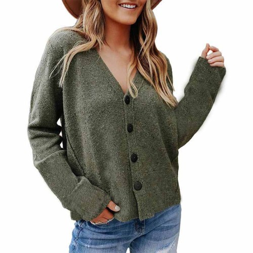 Army green Solid color long-sleeved woolen cardigan button knit jacket
