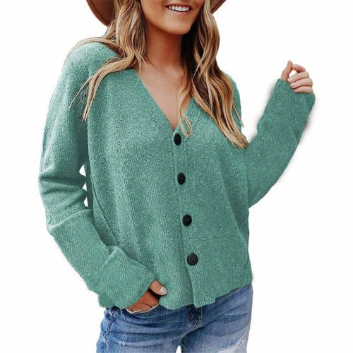 Green Solid color long-sleeved woolen cardigan button knit jacket