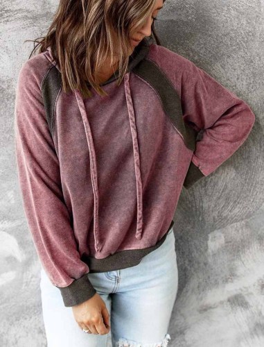 Claret Casual stitching top hooded long-sleeved sweater