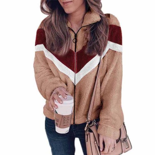 Brown Plush sweater, zipper cardigan, contrast woolen coat top