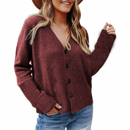 Claret Solid color long-sleeved woolen cardigan button knit jacket