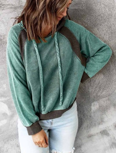 Green Casual stitching top hooded long-sleeved sweater