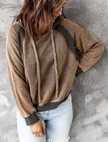 Brown Casual stitching top hooded long-sleeved sweater