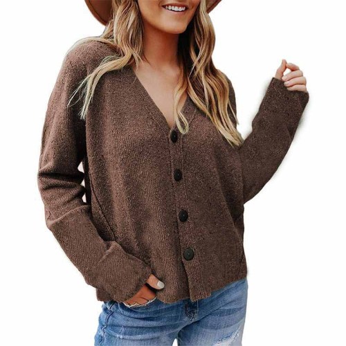 Coffee Solid color long-sleeved woolen cardigan button knit jacket