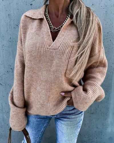 V-neck mixed color casual pocket loose long-sleeved sweater