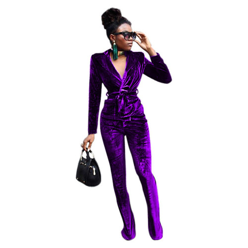 Purple Pure color slim Korean velvet suit flared pants suit
