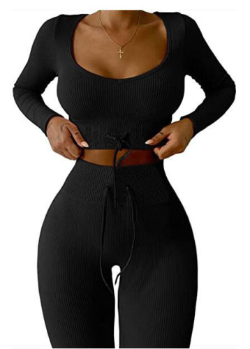 Black Knitted nine-point long-sleeved sports yoga suit