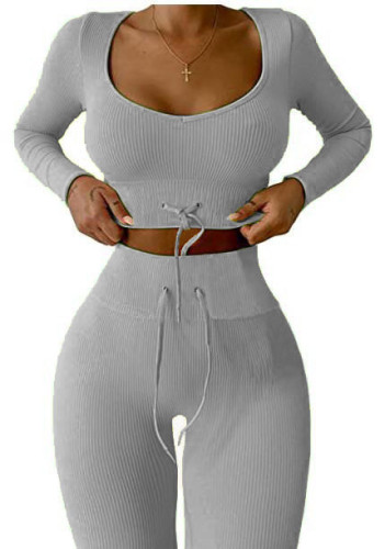 Gray Knitted nine-point long-sleeved sports yoga suit