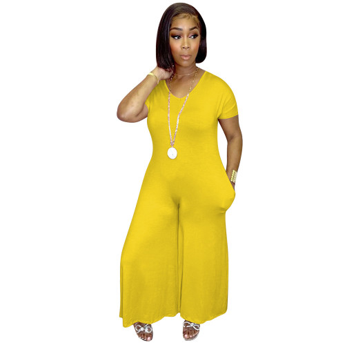 Summer Fashion New Sexy Short Sleeve Wide Leg Pants Jumpsuit with Pockets