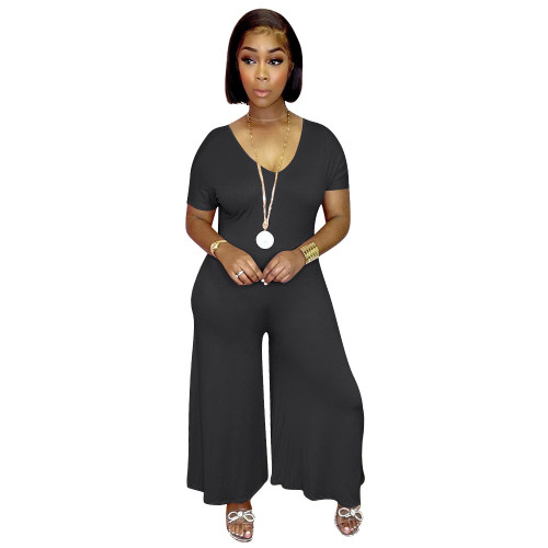 Summer Fashion New Sexy Short Sleeve Wide Leg Pants Jumpsuit with Pockets