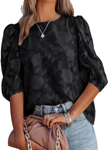 Floral Textured Puff Sleeve Chiffon Loose Sweet Top